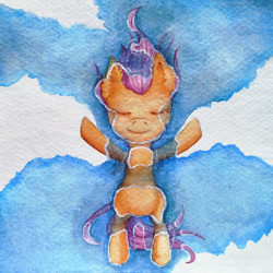 Size: 1024x1024 | Tagged: safe, artist:0okami-0ni, derpibooru import, scootaloo, pegasus, pony, cloud, ear fluff, ears, eyes closed, female, filly, sky, solo, solo female, spread wings, traditional art, water, watercolor painting, wings