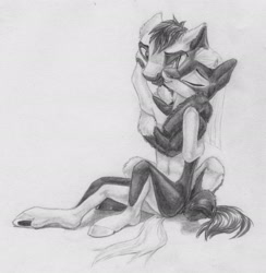 Size: 2922x2993 | Tagged: safe, artist:joestick, derpibooru import, oc, oc only, oc:arcalia, oc:kass, earth pony, pony, semi-anthro, brother and sister, coat markings, female, hug, male, monochrome, pencil drawing, pinto, siblings, socks (coat marking), traditional art