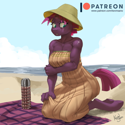 Size: 900x900 | Tagged: safe, artist:kevinsano, derpibooru import, tempest shadow, anthro, unguligrade anthro, unicorn, my little pony: the movie, angry, arm under breasts, bare shoulders, beach, beach towel, biceps, breasts, broken horn, cleavage, clothes, dress, embarrassed, eye scar, female, fit, flask, hat, horn, kneeling, mare, muscles, muscular female, outdoors, patreon, patreon logo, pecs, scar, shoulderless, solo, sun hat, sundress, tempest pillows, tempest shadow is not amused, temple shadow, thermos, unamused