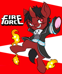 Size: 1667x1984 | Tagged: safe, artist:larrykitty, derpibooru import, original species, pony, clothes, coat, colt, crossover, fire, fire fighter, fire force, male, ponified, sharp teeth, shinra kusakabe, teeth, umbra pony