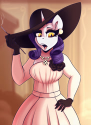Size: 1600x2200 | Tagged: safe, artist:shadowreindeer, derpibooru import, rarity, anthro, cigarette, cigarette holder, clothes, crossover, dress, ear piercing, earring, eyeshadow, fangs, gloves, hat, jewelry, lady dimitrescu, makeup, necklace, piercing, resident evil 8, smoking