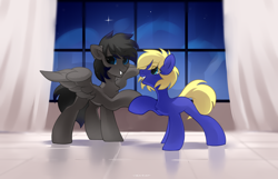 Size: 2000x1290 | Tagged: safe, artist:zlatavector, derpibooru import, oc, oc only, oc:boreal bloom, oc:spore, earth pony, pegasus, pony, commission, curtains, dancing, indoors, night, stars, window, wings, ych result