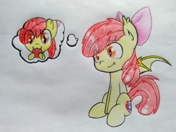 Size: 960x720 | Tagged: artist needed, safe, derpibooru import, apple bloom, bat pony, pony, adorabloom, apple, bat ponified, bloombat, bow, cute, cute little fangs, fangs, female, filly, food, race swap, solo, thought bubble, traditional art