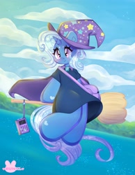 Size: 3186x4096 | Tagged: safe, artist:bunxl, derpibooru import, trixie, anthro, unicorn, blushing, broom, cape, clothes, cute, diatrixes, dress, female, flying, hat, heart, hoof hands, kiki's delivery service, music notes, purse, radio, smiling, solo, trixie's cape, trixie's hat, witch, witch broom