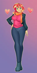 Size: 2000x3948 | Tagged: safe, artist:nauth, derpibooru import, sunset shimmer, equestria girls, breasts, clothes, female, heart, jacket, scarf, sexy, smiling, sunset jiggler, sweater, winter outfit