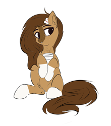 Size: 1761x2000 | Tagged: artist needed, safe, color edit, derpibooru import, edit, oc, oc only, oc:cocoa, earth pony, coat markings, coffee cup, colored, cup, earth pony oc, female, flower, flower in hair, mare, sitting, sketch, socks (coat marking)