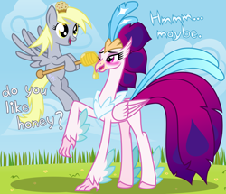 Size: 6969x5994 | Tagged: safe, artist:kmlp, derpibooru exclusive, derpibooru import, derpy hooves, queen novo, classical hippogriff, hippogriff, pegasus, pony, my little pony: the movie, absurd resolution, blushing, dialogue, duo, food, honey, muffin, one eye closed, smiling, vector