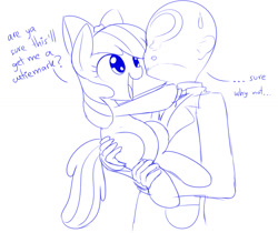 Size: 1456x1222 | Tagged: safe, artist:mcsadat, derpibooru import, apple bloom, oc, oc:anon, earth pony, human, pony, butt touch, female, filly, hand on butt, holding a pony, sweat, sweatdrop