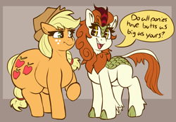 Size: 4050x2816 | Tagged: safe, artist:graphenescloset, derpibooru import, applejack, autumn blaze, earth pony, kirin, pony, applebutt, applefat, applejack is not amused, butt, dialogue, duo, duo female, fat, female, freckles, hat, high res, mare, raised hoof, raised leg, smiling, teasing, unamused