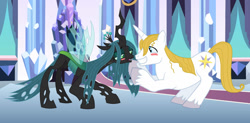 Size: 1280x632 | Tagged: safe, artist:themexicanpunisher, derpibooru import, prince blueblood, queen chrysalis, changeling, changeling queen, pony, unicorn, bluesalis, blushing, female, male, shipping, straight