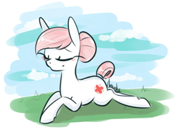 Size: 2022x1477 | Tagged: safe, artist:lilliesinthegarden, derpibooru import, nurse redheart, earth pony, pony, eyes closed, female, hair bun, lying down, mare, prone, smiling, solo, tail bun