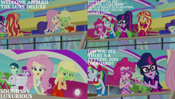 Size: 1280x720 | Tagged: safe, derpibooru import, edit, edited screencap, editor:quoterific, screencap, applejack, fluttershy, pinkie pie, rainbow dash, rarity, sci-twi, sunset shimmer, twilight sparkle, better together, equestria girls, spring breakdown, green face, humane five, humane seven, humane six, luxe deluxe, open mouth, seasickness, sleeveless, yacht