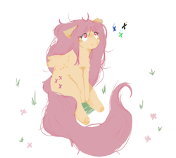 Size: 1000x900 | Tagged: safe, artist:fawndishsoap, derpibooru import, fluttershy, butterfly, pegasus, pony, ears, female, floppy ears, fluffy, grass, looking at something, looking up, mare, pink eyes, sitting, solo, three quarter view, wings, wrong eye color