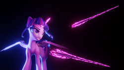 Size: 3840x2160 | Tagged: safe, artist:valiant studios, derpibooru import, twilight sparkle, twilight sparkle (alicorn), alicorn, pony, 3d, angry, blender, chopsticks, dimensional shift, energy sword, platform, solo, sword, weapon