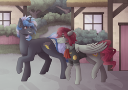 Size: 4960x3507 | Tagged: safe, artist:kikirdcz, derpibooru import, oc, oc only, oc:shadow dust, pegasus, pony, unicorn, clothes, male, stallion