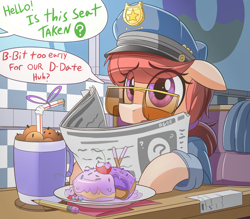 Size: 2290x2010 | Tagged: safe, artist:nignogs, oc, oc only, oc:anon, oc:rough cuff, earth pony, human, pony, bendy straw, cherry, dialogue, diner, donut, donut shop, drinking straw, ears, eye clipping through hair, female, floppy ears, food, high res, mare, newspaper, offscreen character, pencil, police, police officer, police pony, police uniform, purple eyes, reading, reversed gender roles equestria, reversed gender roles equestria general, solo focus, straw, stuttering, sunglasses