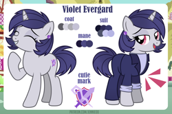 Size: 4000x2661 | Tagged: source needed, safe, artist:jennieoo, oc, oc:violet evergard, unicorn, business suit, clothes, cutie mark, ear piercing, earring, female, jewelry, mare, piercing, reference sheet