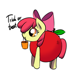 Size: 634x618 | Tagged: safe, anonymous artist, derpibooru import, apple bloom, apple, clothes, costume, female, filly, food, halloween, holiday, solo, trick or treat