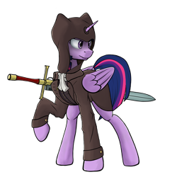 Size: 4200x4200 | Tagged: safe, alternate version, artist:yognaughtsteve, derpibooru import, twilight sparkle, twilight sparkle (alicorn), alicorn, pony, clothes, female, hood, inquisition, inquisitor, mare, nemesis force sword, solo, warhammer (game), warhammer 40k