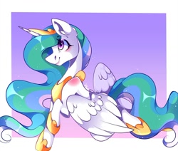 Size: 1080x915 | Tagged: safe, artist:tessa_key_, derpibooru import, princess celestia, alicorn, pony, abstract background, female, hoof shoes, horn, jewelry, mare, peytral, signature, smiling, solo, tiara, wings