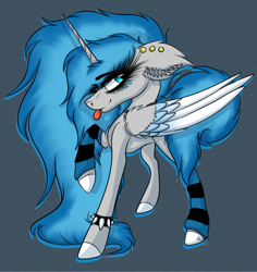 Size: 1080x1145 | Tagged: safe, artist:beamybutt, artist:shycookieq, derpibooru import, oc, oc only, alicorn, pony, collaboration, :p, alicorn oc, ear fluff, ear piercing, ears, eyelashes, female, horn, leg warmers, mare, piercing, simple background, solo, tongue, tongue out, two toned wings, wings