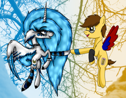 Size: 1376x1080 | Tagged: safe, artist:beamybutt, artist:shycookieq, derpibooru import, oc, oc only, alicorn, pegasus, pony, collaboration, abstract background, alicorn oc, female, flying, glasses, hoofbump, horn, leg warmers, mare, pegasus oc, smiling, two toned wings, wings