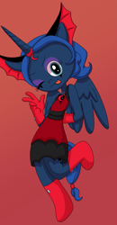 Size: 1053x2029 | Tagged: safe, artist:shycookieq, derpibooru import, princess luna, alicorn, anthro, base used, clothes, dress, evil luna, female, horn, makeup, one eye closed, red background, simple background, solo, wings, wink