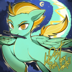 Size: 600x600 | Tagged: safe, artist:sugarelement, derpibooru import, lightning dust, pegasus, pony, animated, female, gif, mare, markers, moon, night, quote, signature, solo