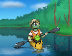 Size: 3000x2322 | Tagged: safe, artist:askavrobishop, derpibooru import, oc, oc only, anthro, earth pony, earth pony oc, forest, high res, kayak, lake, lifejacket, male, reflection, rowing, solo, tree, water