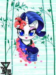 Size: 1200x1599 | Tagged: safe, artist:theretroart88, derpibooru import, rarity, pony, unicorn, blushing, bust, eyeshadow, female, flower, flower in hair, lipstick, looking at you, makeup, mare