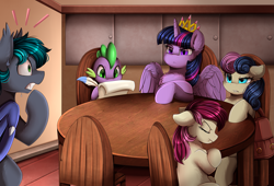 Size: 2933x1998 | Tagged: safe, artist:pridark, derpibooru import, bon bon, roseluck, spike, sweetie drops, twilight sparkle, twilight sparkle (alicorn), oc, oc:spark gap, alicorn, bat pony, dragon, pony, fanfic:fine print, angry, bat pony oc, chair, chest fluff, commission, crown, eyes closed, feather, guard, jewelry, regalia, sitting, table, trouble