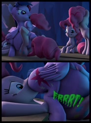 Size: 948x1280 | Tagged: safe, artist:optica, derpibooru import, pinkie pie, twilight sparkle, alicorn, earth pony, pony, 2 panel comic, clone, comic, faceful of ass, facesitting, fart, fart noise, female, implied scat, pinkie clone, pinkie prey, pooping in mouth, sitting on, sitting on pony, sound effects, vore
