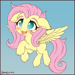 Size: 1750x1750 | Tagged: safe, artist:symbianl, derpibooru import, fluttershy, pegasus, pony, :d, blushing, chibi, cute, cute little fangs, fangs, fluffy, missing cutie mark, no pupils, open mouth, open smile, shyabetes, smiling, solo