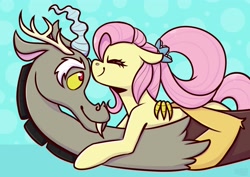 Size: 3508x2480 | Tagged: safe, artist:jellysiek, derpibooru import, discord, fluttershy, draconequus, pegasus, pony, cuddling, cute, discoshy, eyes closed, female, forehead kiss, kissing, male, older, older fluttershy, shipping, smiling