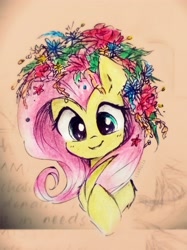 Size: 2153x2871 | Tagged: safe, artist:liaaqila, derpibooru import, fluttershy, pony, cute, flower, flower in hair, shyabetes, solo, traditional art