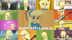 Size: 1280x721 | Tagged: safe, derpibooru import, edit, edited screencap, editor:quoterific, screencap, applejack, best in show: the victory lap, better together, camping must-haves, driving miss shimmer, driving miss shimmer: applejack, epic fails (equestria girls), eqg summertime shorts, equestria girls, equestria girls (movie), legend of everfree, monday blues, rainbow rocks, rollercoaster of friendship, shake things up!, shake your tail, ^^, a queen of clubs, applejack's hat, bass guitar, belt, best in show logo, better than ever, camp everfree outfits, clothes, cowboy hat, crossed arms, cute, cutie mark, cutie mark on clothes, denim skirt, eyes closed, female, geode of super strength, hat, helping twilight win the crown, jackabetes, jewelry, laughing, lockers, magical geodes, musical instrument, necklace, open mouth, photo booth (song), skirt, smiling, smoke, solo