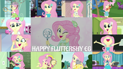 Size: 1280x721 | Tagged: safe, derpibooru import, edit, edited screencap, editor:quoterific, screencap, fluttershy, bird, cat, dog, a little birdie told me, best in show: the pre-show, better together, eqg summertime shorts, equestria girls, equestria girls (movie), fluttershy's butterflies, fluttershy's butterflies: rainbow dash, friendship games, i'm on a yacht, outtakes (episode), pet project, rainbow rocks, shake your tail, so much more to me, spring breakdown, star crossed, the science of magic, ^^, backpack, best in show logo, camera shot, chalkboard, clothes, cute, cutie mark, cutie mark on clothes, eyes closed, geode of fauna, hairpin, hallway, jewelry, lockers, magical geodes, microphone, musical instrument, necklace, nose in the air, one eye closed, open mouth, ponied up, shyabetes, smiling, tambourine, tanktop, volumetric mouth, wink