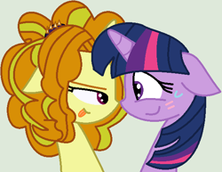 Size: 591x456 | Tagged: safe, artist:jadethepegasus, derpibooru import, adagio dazzle, twilight sparkle, pony, adagilight, bedroom eyes, blushing, ears, female, floppy ears, lesbian, looking at each other, looking into each others eyes, ponified, shipping, sweat, sweatdrop, tongue, tongue out