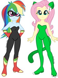 Size: 2992x4000 | Tagged: safe, artist:limedazzle, derpibooru import, fluttershy, rainbow dash, equestria girls, bare shoulders, bodysuit, boots, cat ears, cat tail, clothes, domino mask, gloves, mask, shoes, simple background, sleeveless, strapless, transparent background, unitard, vector