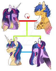 Size: 600x755 | Tagged: safe, artist:malinraf1615, derpibooru import, flash sentry, twilight sparkle, twilight sparkle (alicorn), oc, oc:diamond wings, oc:jake, alicorn, pony, deviantart watermark, family tree, obtrusive watermark, offspring, parent:flash sentry, parent:twilight sparkle, parents:flashlight, scar, simple background, transparent background, ultimate twilight, watermark