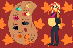Size: 3600x2400 | Tagged: safe, artist:mintydrop2013, derpibooru import, sunset shimmer, comic:inner thoughts, equestria girls, belly, belly button, big belly, boots, clothes, coat, high heel boots, high heels, leaves, paint palette, pants, pocket, pregnant, reference, reference sheet, scarf, shoes, simple background, sunset preggers, sweater