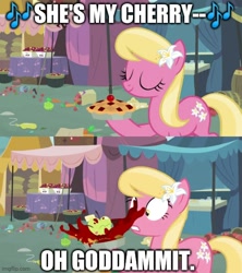 Size: 500x562 | Tagged: safe, derpibooru import, edit, edited screencap, screencap, lily, lily valley, living apple, the big mac question, apple, cherry pie (food), cherry pie (song), food, goddammit, imgflip, market, meme, pie, song reference, tent, vulgar, warrant