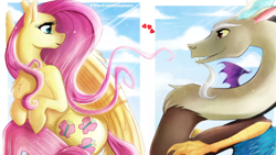 Size: 1278x720 | Tagged: safe, artist:cold-creature, derpibooru import, edit, editor:zcord, discord, fluttershy, draconequus, pegasus, pony, cloud, discoshy, eye contact, female, heart, interspecies, looking at each other, male, mare, needs more jpeg, sky, straight