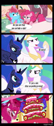 Size: 1288x3000 | Tagged: safe, derpibooru import, edit, edited screencap, editor:teren rogriss, screencap, cup cake, pinkie pie, princess celestia, princess luna, alicorn, earth pony, between dark and dawn, do princesses dream of magic sheep, sugarcube corner