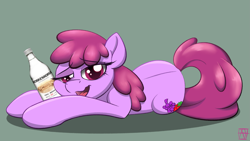 Size: 1735x976 | Tagged: safe, artist:naen, derpibooru import, berry punch, berryshine, earth pony, pony, alcohol, booze, drunk, female, finnish, go home you're drunk, koskenkorva, lying down, mare, solo
