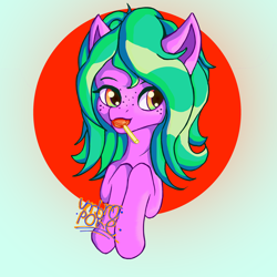 Size: 3000x3000 | Tagged: safe, artist:umbrapone, derpibooru import, oc, earth pony, pony, candy, cel shading, food, green eyes, green mane, lollipop, mouth hold, orange eyes, shading, simple background, two toned eyes