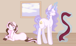 Size: 1930x1173 | Tagged: safe, artist:izupie, derpibooru import, oc, oc:creme-de-la-creme, oc:fraise, earth pony, pony, clothes, female, filly, kilalaverse, levitation, lying down, magic, mare, mother and child, mother and daughter, offspring, offspring's offspring, parent and child, parent:fancypants, parent:fleur-de-lis, parent:oc:creme-de-la-creme, parent:oc:golden delicious, parents:fancyfleur, parents:oc x oc, prone, scarf, story in the source, telekinesis