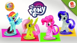 Size: 1280x720 | Tagged: safe, derpibooru import, fluttershy, pinkie pie, rainbow dash, rarity, happy meal, mcdonald's, mcdonald's happy meal toys, my little pony logo, rainbow, toy