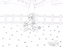 Size: 2831x2118 | Tagged: safe, artist:writepillar, derpibooru import, applejack, earth pony, pony, apple, apple tree, banjo, cloud, female, fence, grass, mare, monochrome, musical instrument, solo, sun, tree