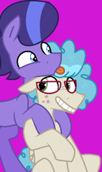 Size: 379x636 | Tagged: safe, artist:jadethepegasus, artist:owlliesbases, derpibooru import, magic (character), earth pony, pegasus, pony, my little pony: pony life, :p, base used, freckles, gay, glasses, grin, hug, male, purple background, shipping, simple background, sitting, smiling, stallion, tongue, tongue out, unnamed character, unnamed pony